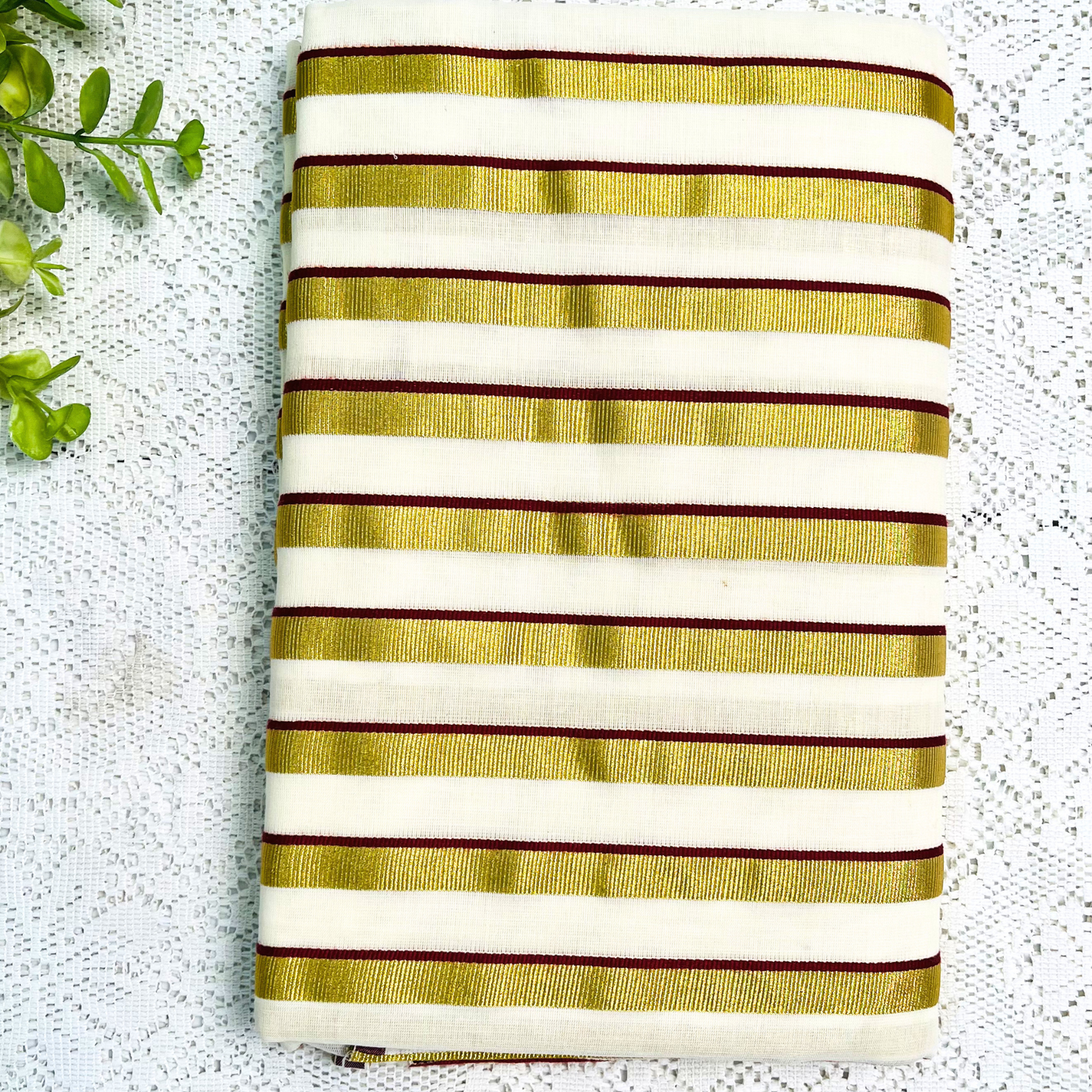 Kerala Saree with Traditional Gold Stripes & Dark Maroon Design