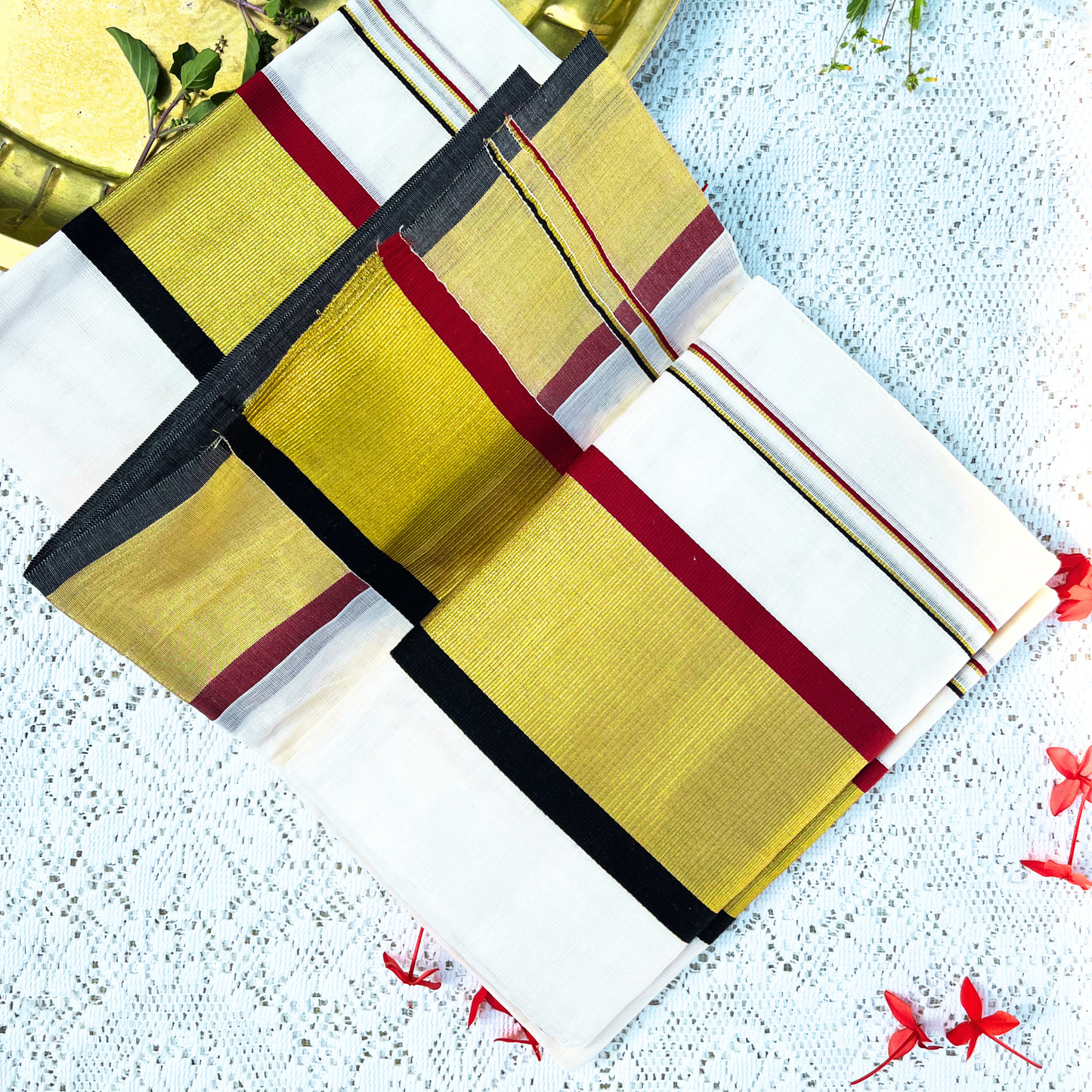Kerala Set Saree with Broad Gold Kasavu Border & Black Maroon Design