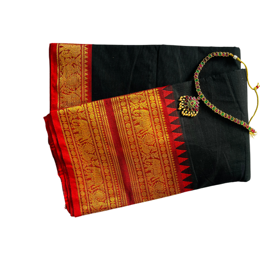 Black Premium Chettinad Kanchi Border Cotton Saree with Blouse