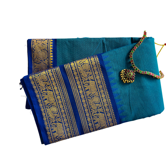 Blue Premium Chettinad Kanchi Border Cotton Saree with Blouse