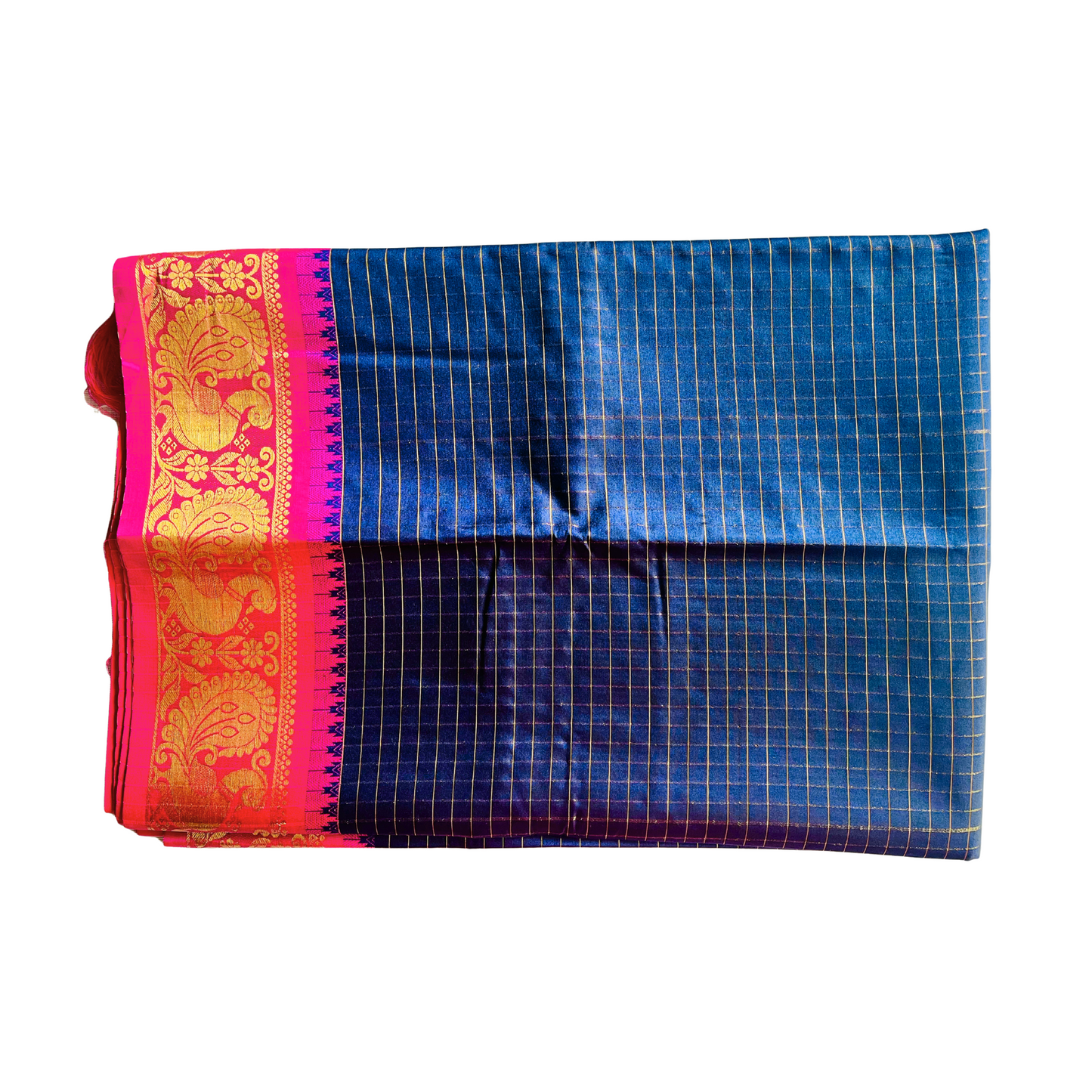 Rashmika Inspired - Dark Blue Semi Silk Saree with Magenta Border and Peacock Motif