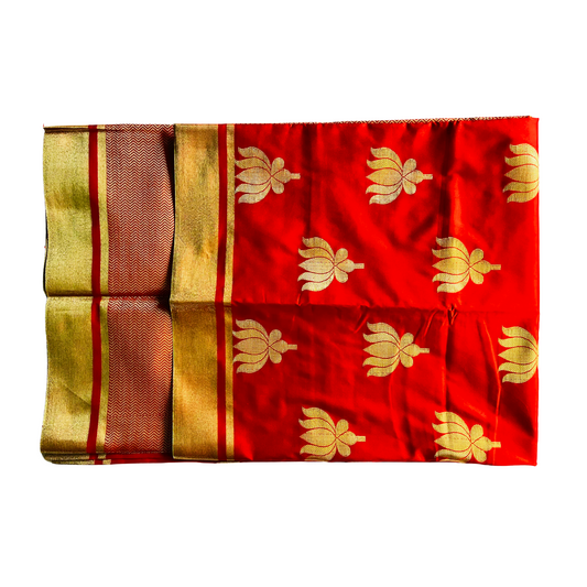 Bright Red Soft Silk Saree with Gold Lotus Motif Jari & Intricate Jig Zag Pallu Design