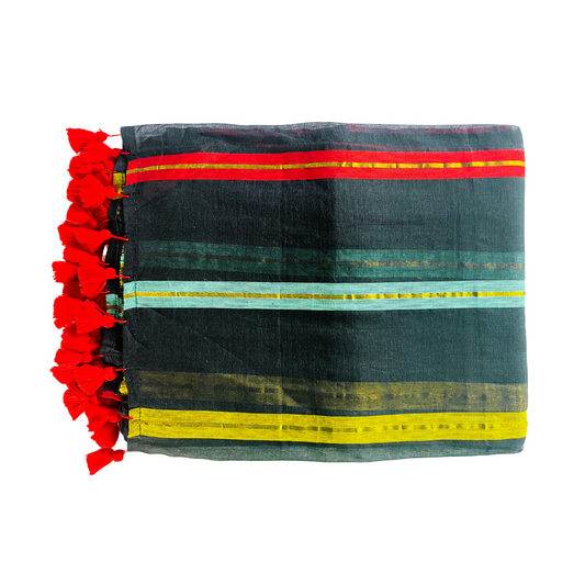 Black Mul Cotton Saree with Red, Blue & Yellow Lines, Red Tassels
