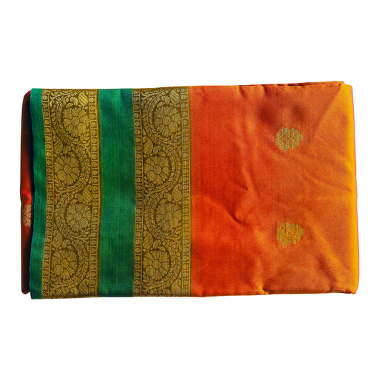 Bright Orange Soft Silk Saree with Green & Gold Jari Border