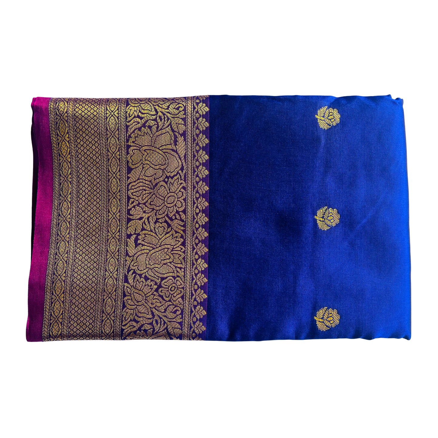 Vivid Blue Soft Silk Saree with Floral Gold Jari & Magenta Pallu