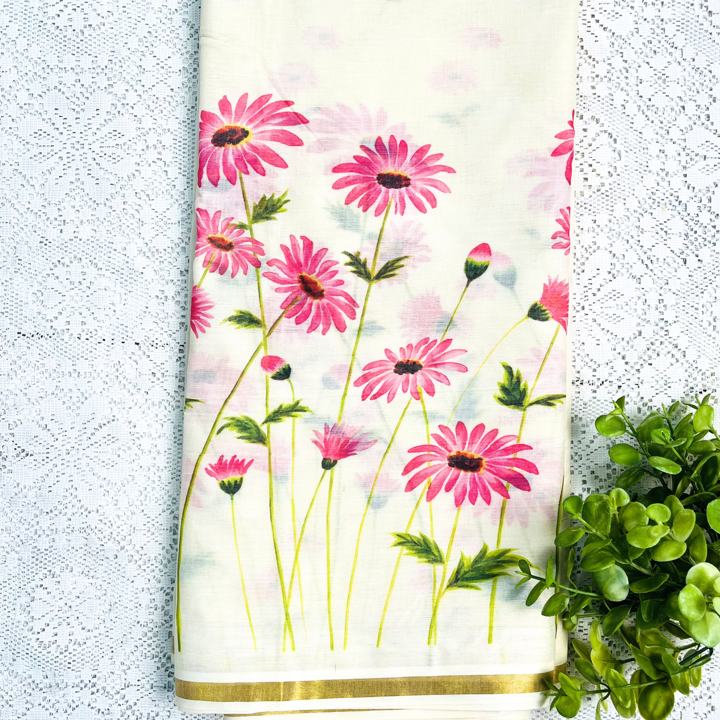 Kerala Saree with Pink Daisy Flower Print Border | Floral Saree for Onam