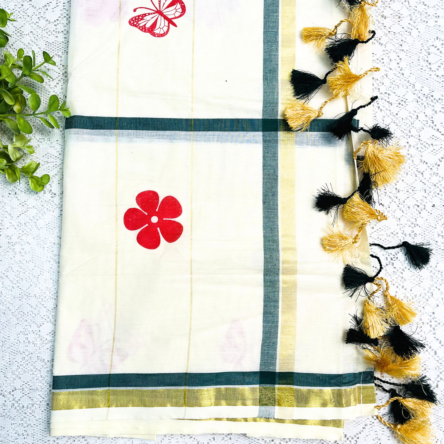 Kerala Saree with Green & Gold Stripes, Tassels and Printed Design