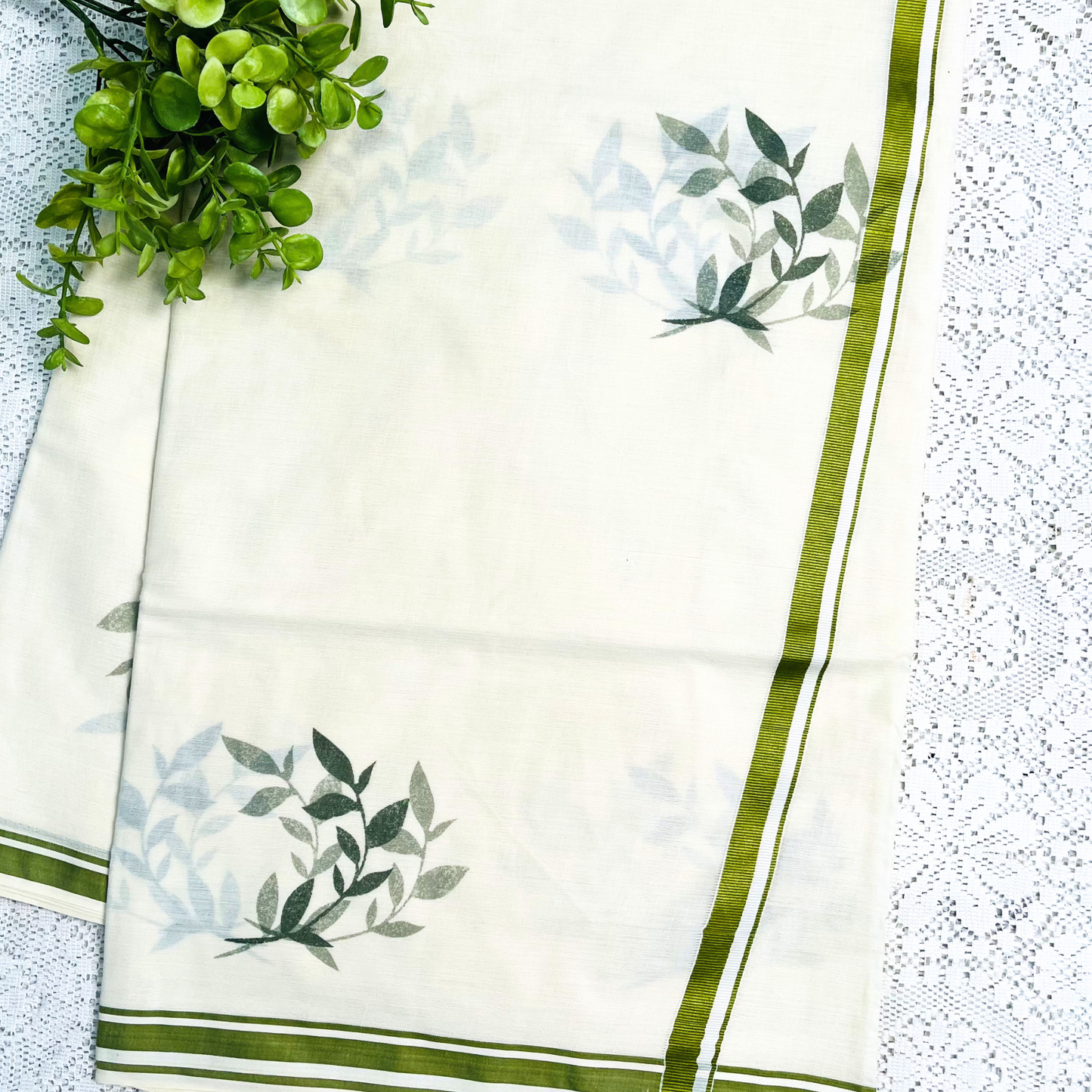 Kerala Saree with Leaf Print & Green Border Design | Nature Inspired Kasavu Saree
