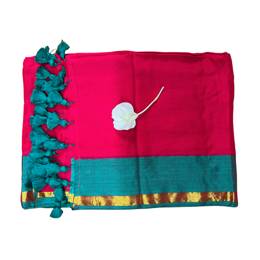 Dark Pink Mul Cotton Saree with Green Border Gold Jari Design with Green Tassels