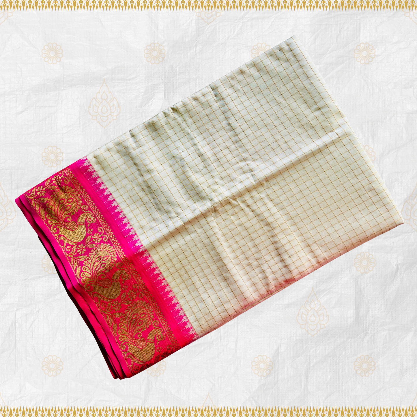 Madurai Pattu - Cream Madurai Silk Saree with Special Rose Pink Border and Peacock Motif Design