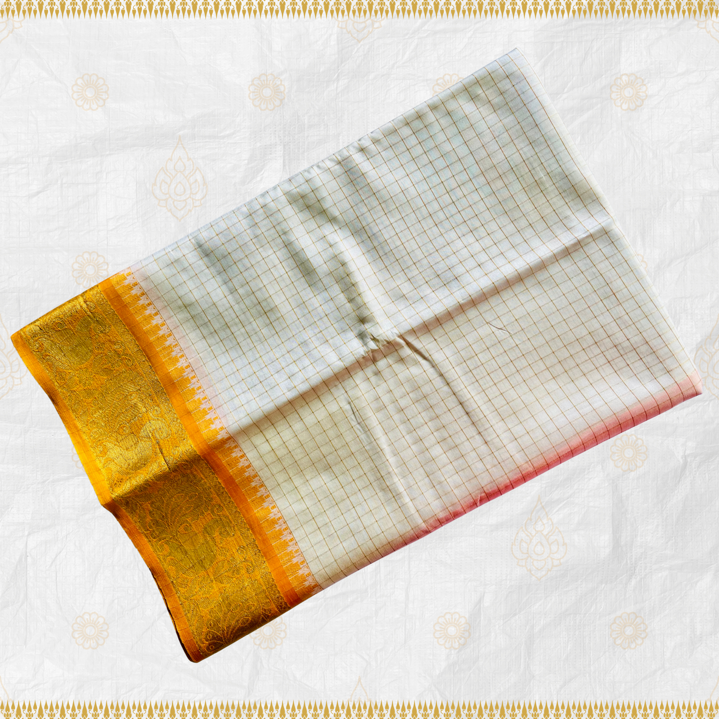 Madurai Pattu - Cream Madurai Silk Saree with Golden Yellow Border and Peacock Motif Design