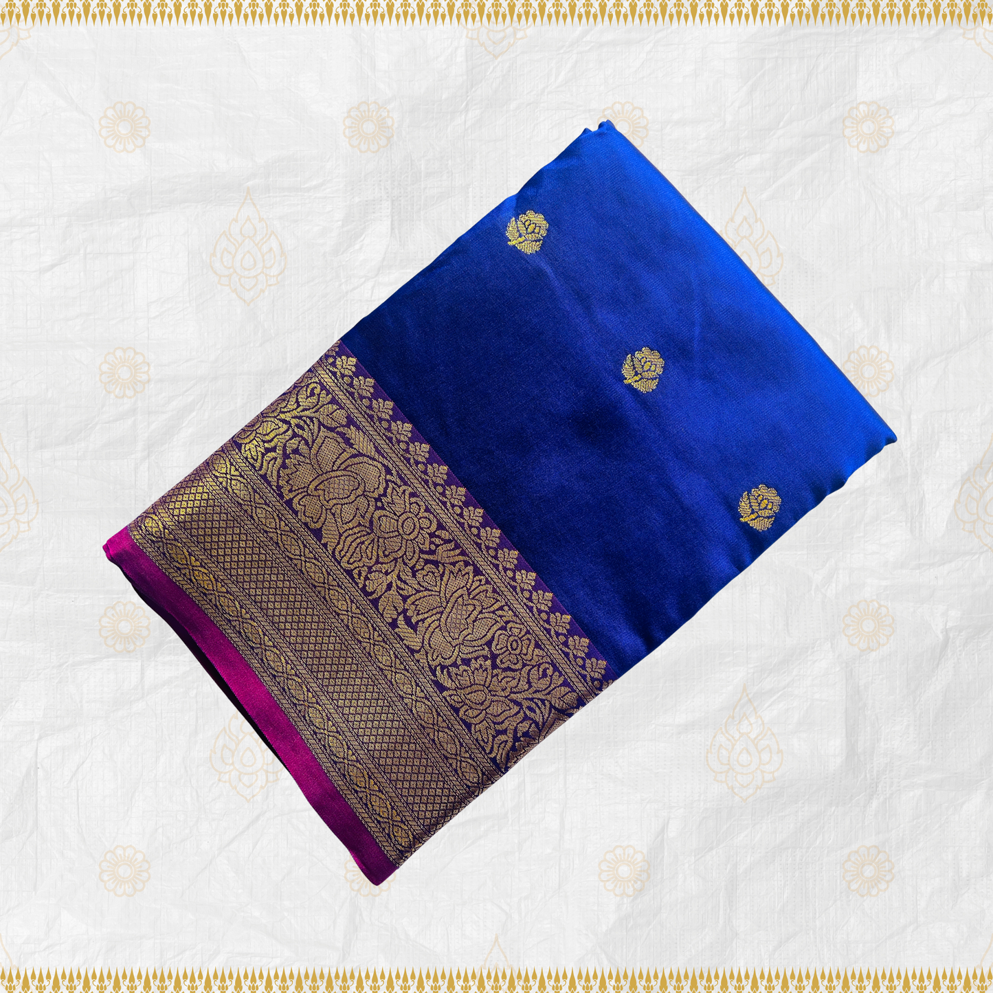Vivid Blue Soft Silk Saree with Floral Gold Jari & Magenta Pallu