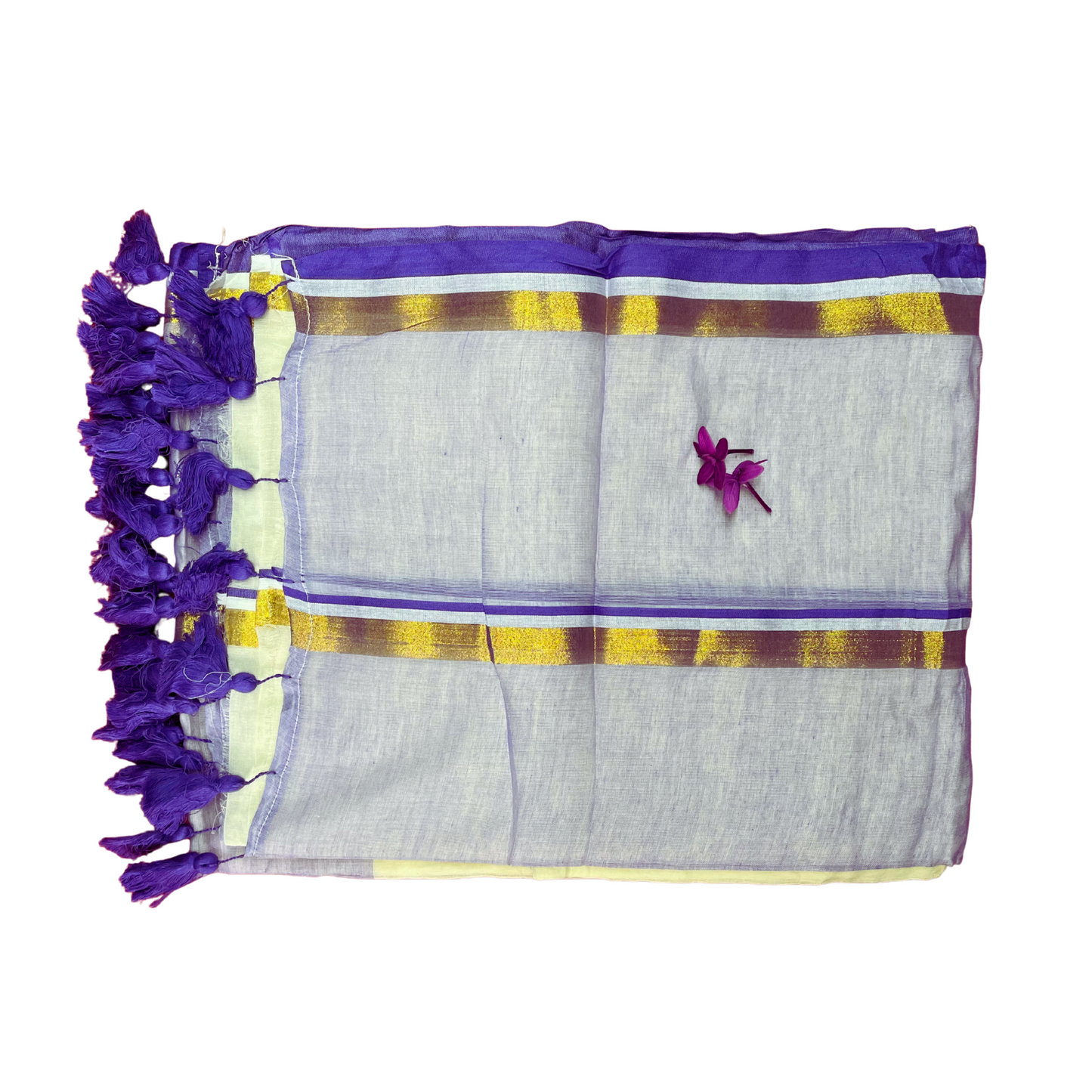 Ivory White Mul Cotton Saree with Lilac and Gold Stripes with Lilac Tassels