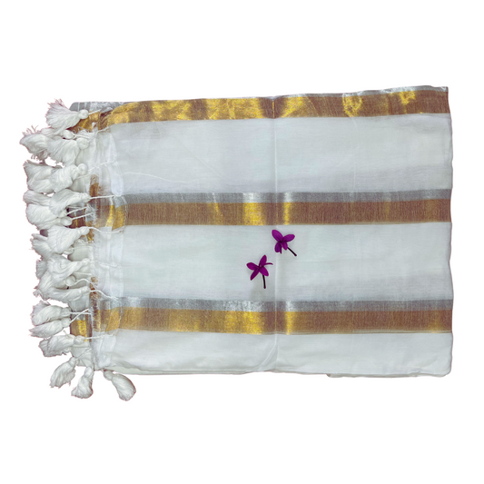 Ivory White Mul Cotton Saree with Gold and Sliver Jari Stripes Design with White Tassels