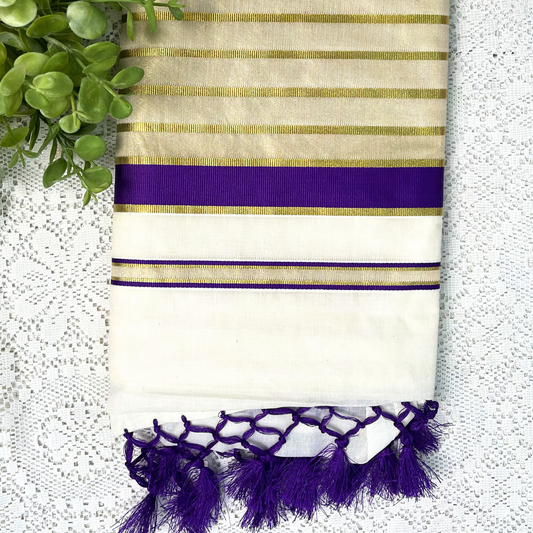 Kerala Saree with Traditional Golden Stripes & Dark Violet Design