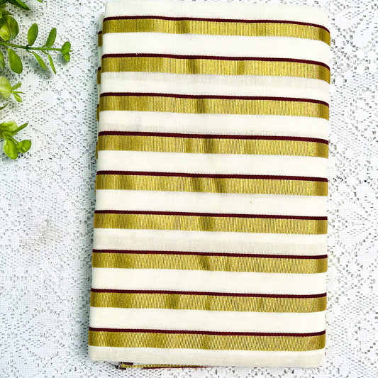 Kerala Saree with Traditional Gold Stripes & Dark Maroon Design