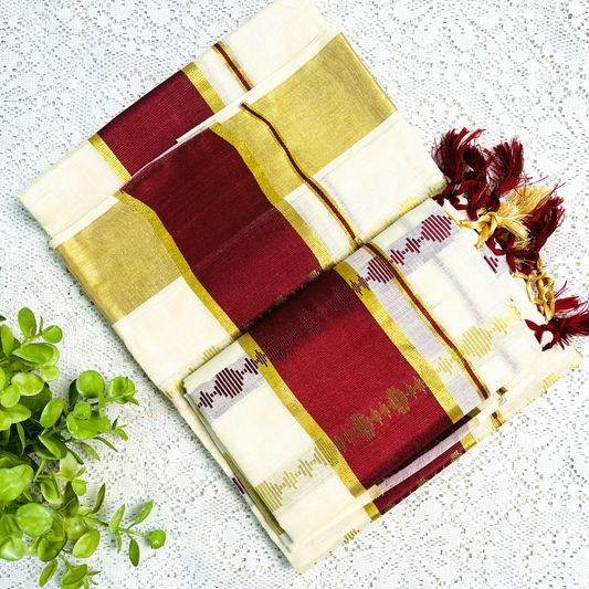 Kerala Set Saree with Dark Maroon Kasavu & Golden Tassel Design