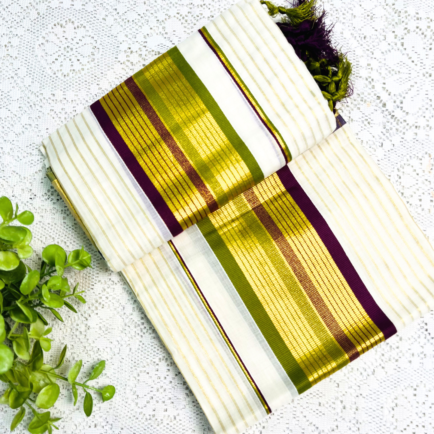 Kerala Set Saree with Traditional Gold Kasavu, Green & Grape Design