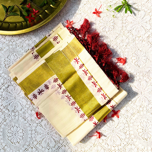 Kerala Set Saree in Traditional Broad Gold Kasavu with Dark Maroon Print & Tassel | Festive & Wedding Wear