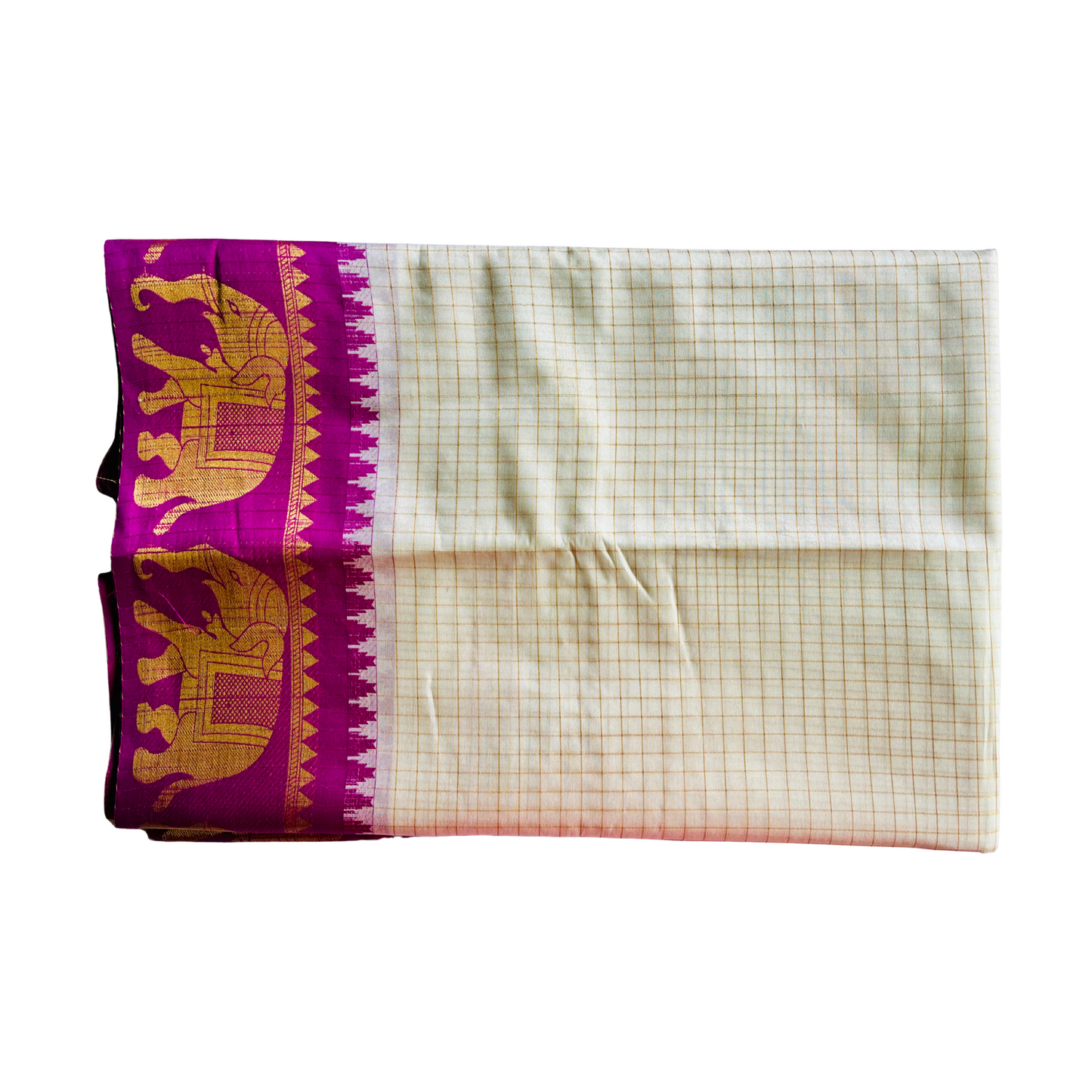 Madurai Pattu - Cream Semi Silk Saree with Magenta Border and Elephant Motif Design