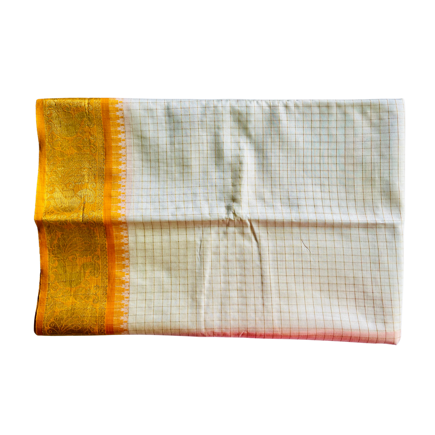 Madurai Pattu - Cream Madurai Silk Saree with Golden Yellow Border and Peacock Motif Design