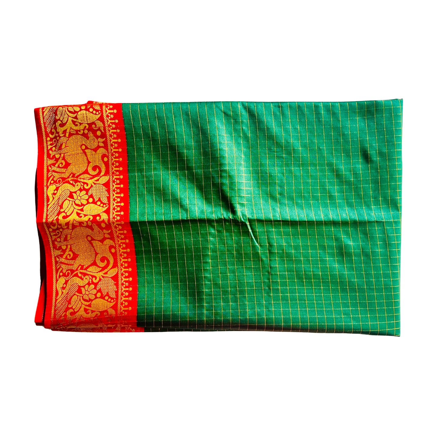 Rashmika Inspired - Dark Green Semi Silk Saree with Red Border & Deer Motif Design