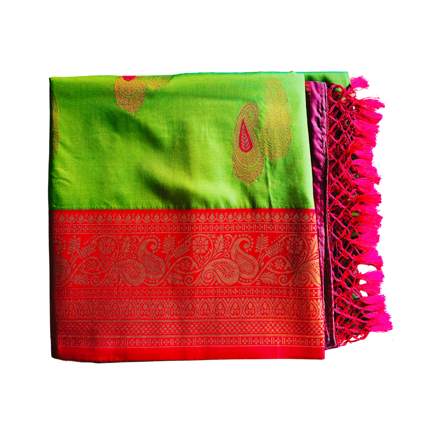 Parrot Green Silk Saree with Vivid Pink Border and Heavy Pallu Weave Design