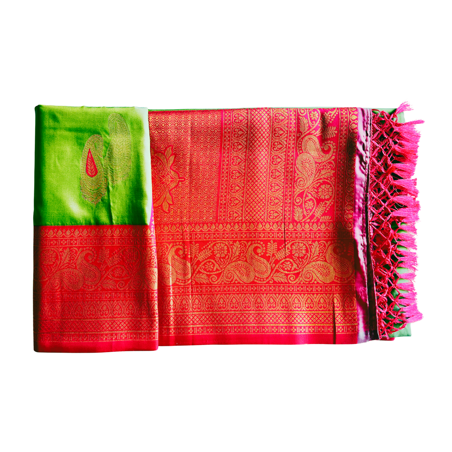 Parrot Green Silk Saree with Vivid Pink Border and Heavy Pallu Weave Design