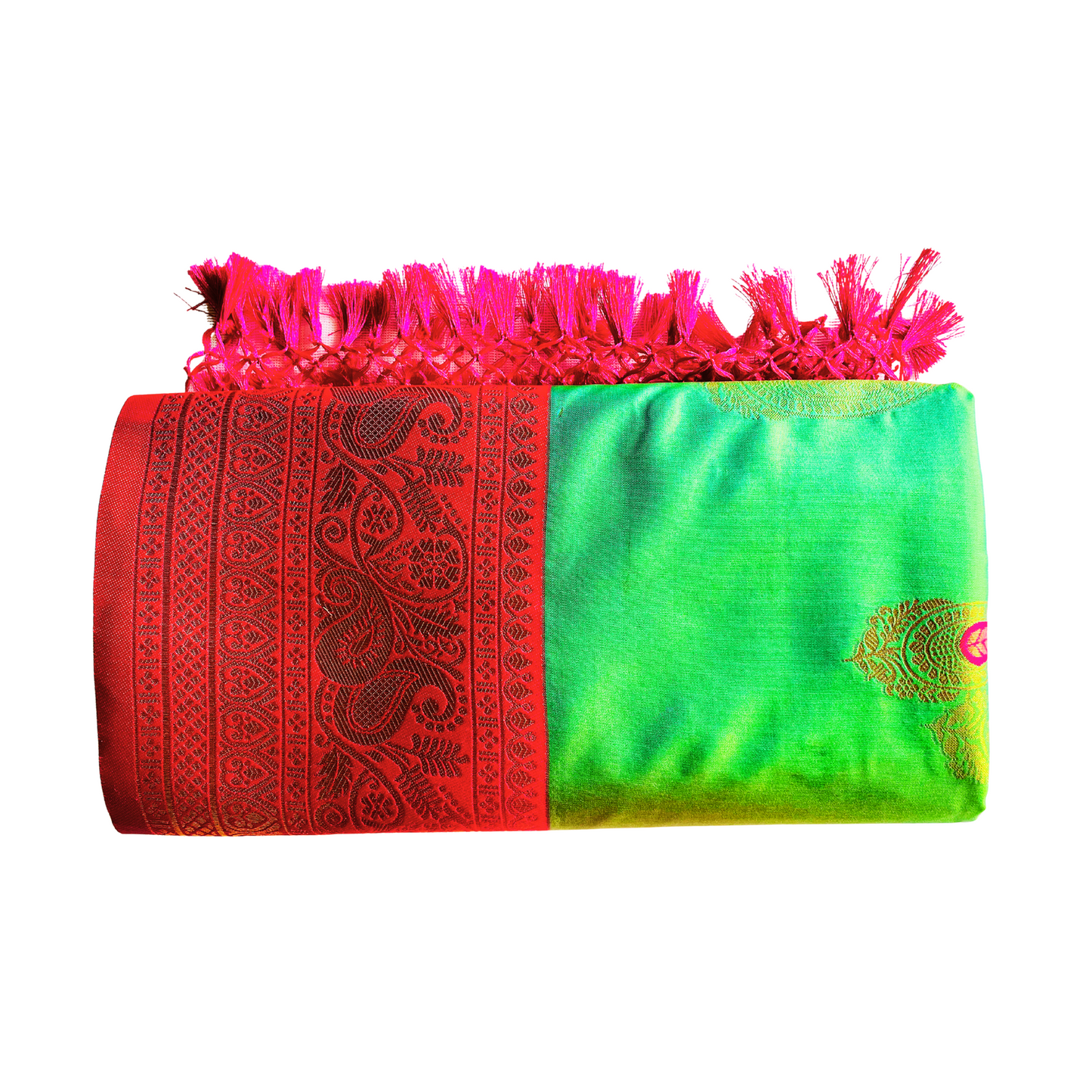 Parrot Green Silk Saree with Vivid Pink Border and Heavy Pallu Weave Design