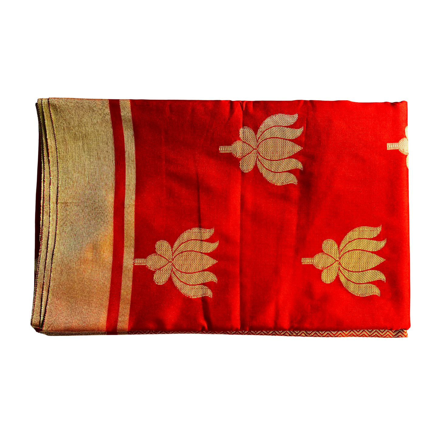 Bright Red Soft Silk Saree with Gold Lotus Motif Jari & Intricate Jig Zag Pallu Design