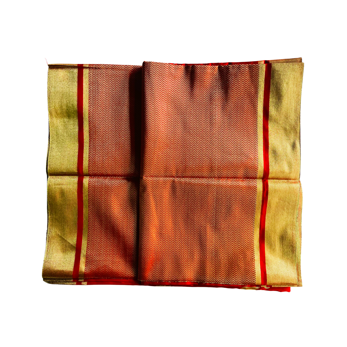 Bright Red Soft Silk Saree with Gold Lotus Motif Jari & Intricate Jig Zag Pallu Design