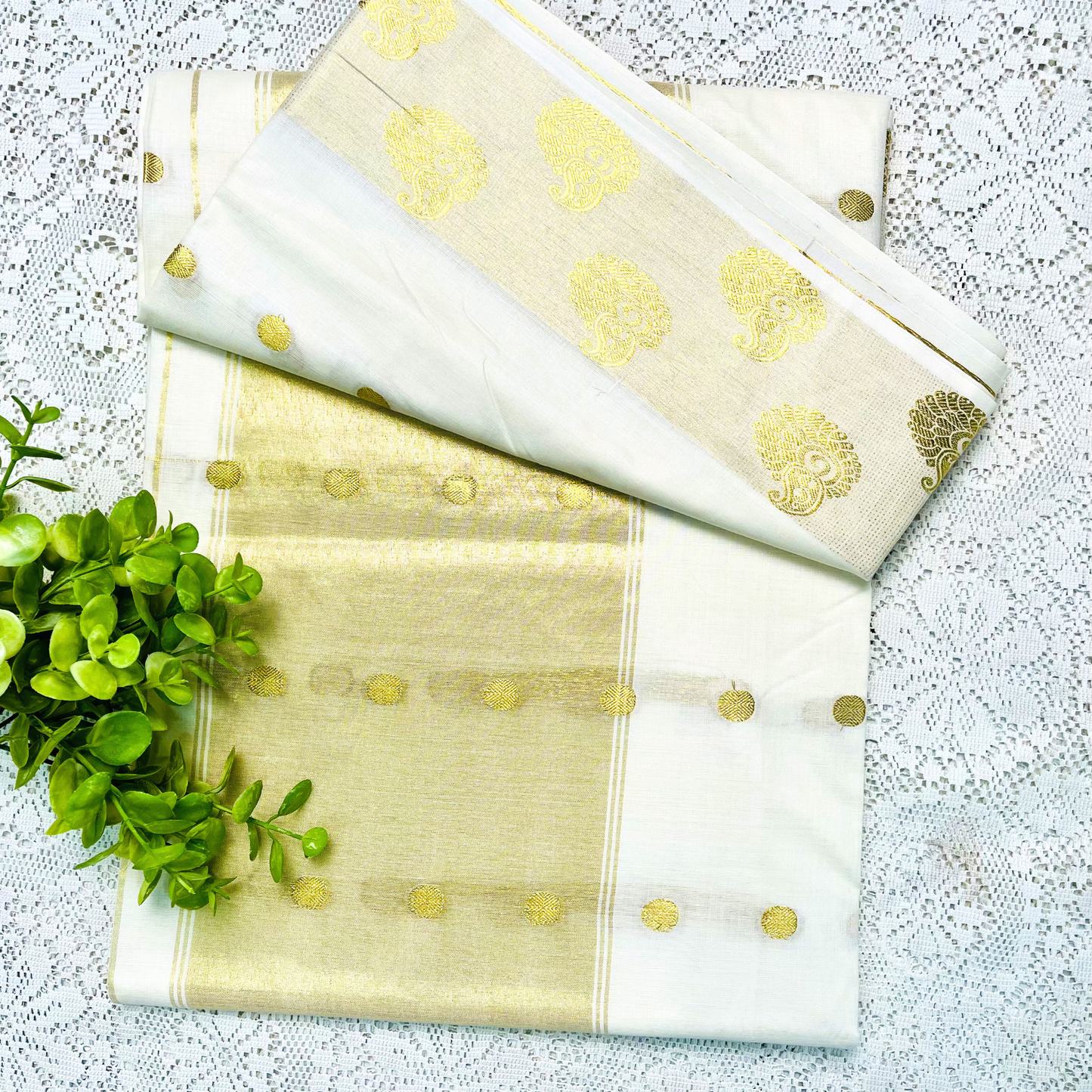 Kerala Saree with Broad Gold Kasavu Border & Gold Motif Design | Traditional Kasavu Saree