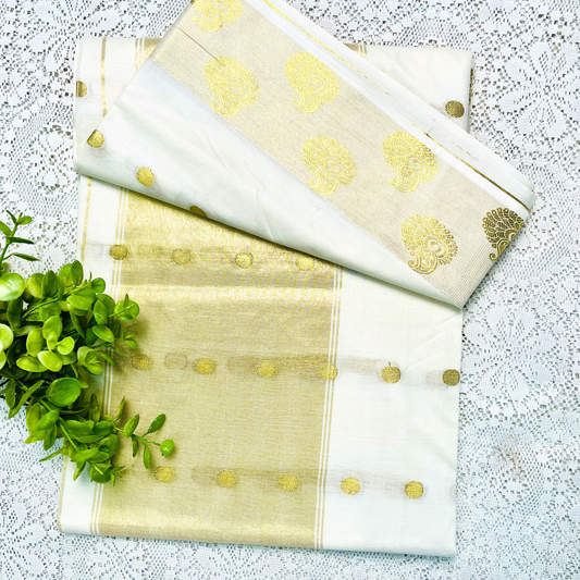 Kerala Saree with Broad Gold Kasavu Border & Gold Motif Design | Traditional Kasavu Saree