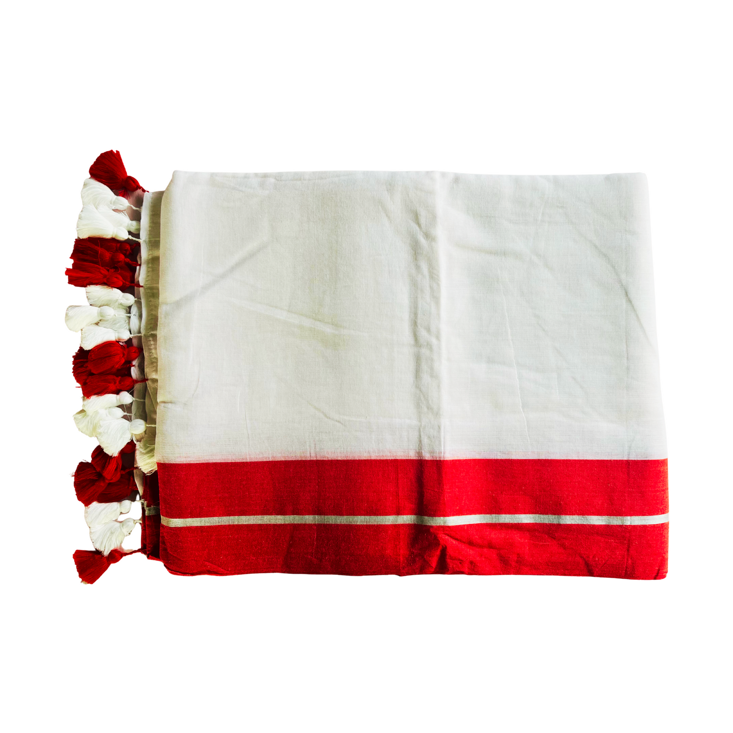 White Mul Cotton Saree with Red and Silver Jari Border Design with Red & White Tassels