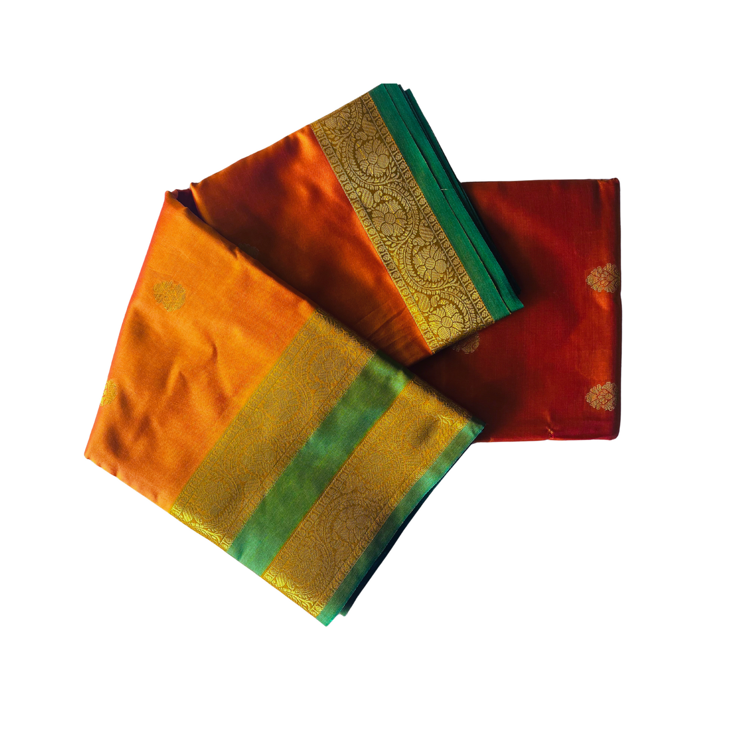Bright Orange Soft Silk Saree with Green & Gold Jari Border