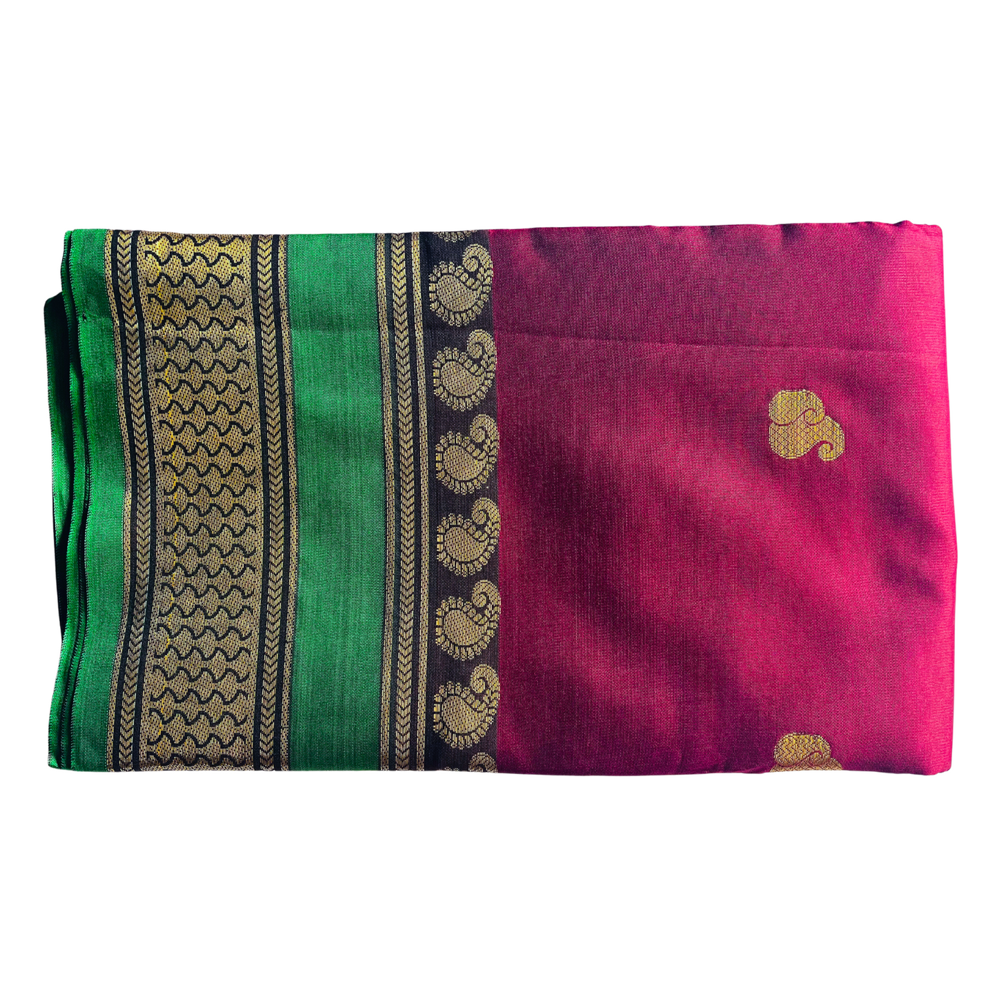Maroon Soft Silk Saree with Green & Gold Floral Jari Border