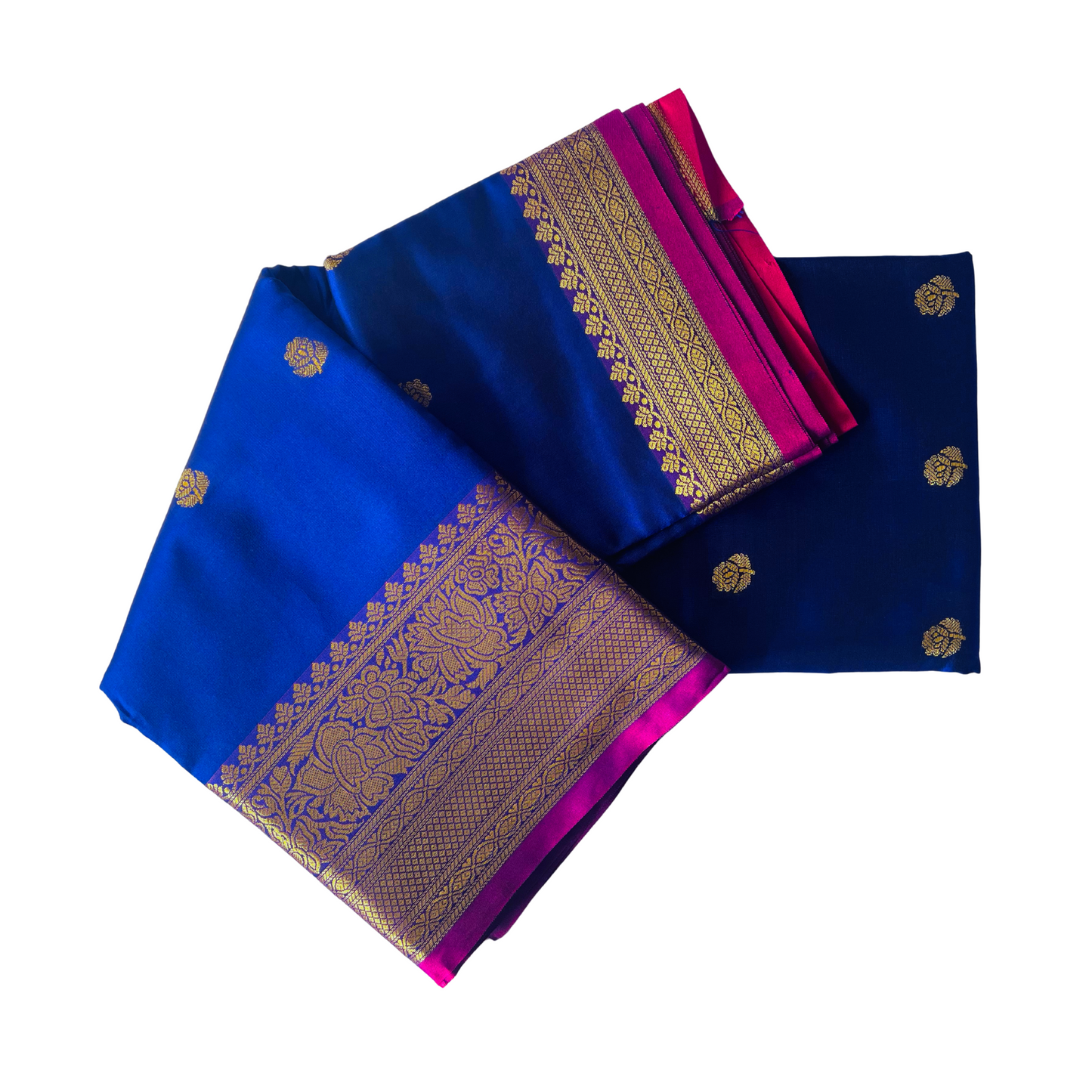 Vivid Blue Soft Silk Saree with Floral Gold Jari & Magenta Pallu