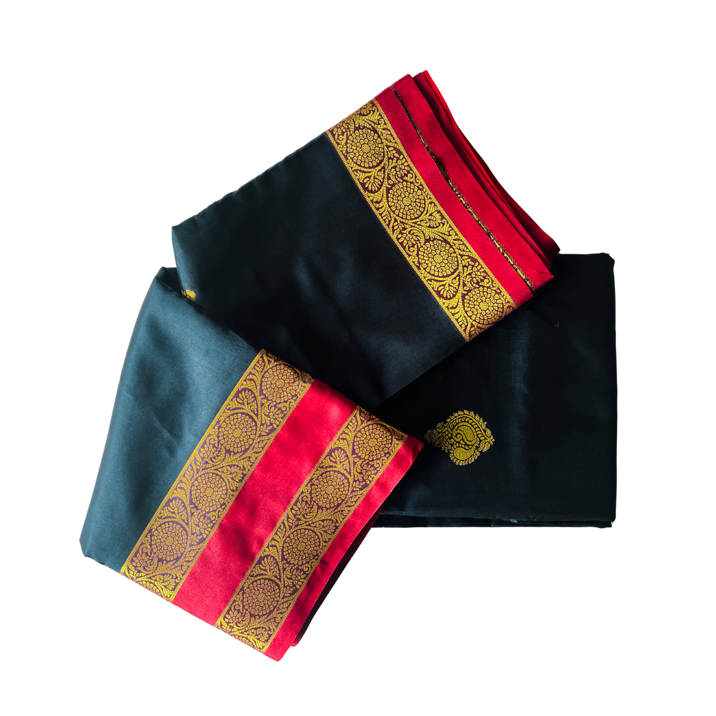 Black Soft Silk Saree with Gold Floral Jari & Red Pallu