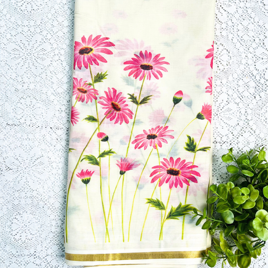 Kerala Saree with Pink Daisy Flower Print Border | Floral Saree for Onam