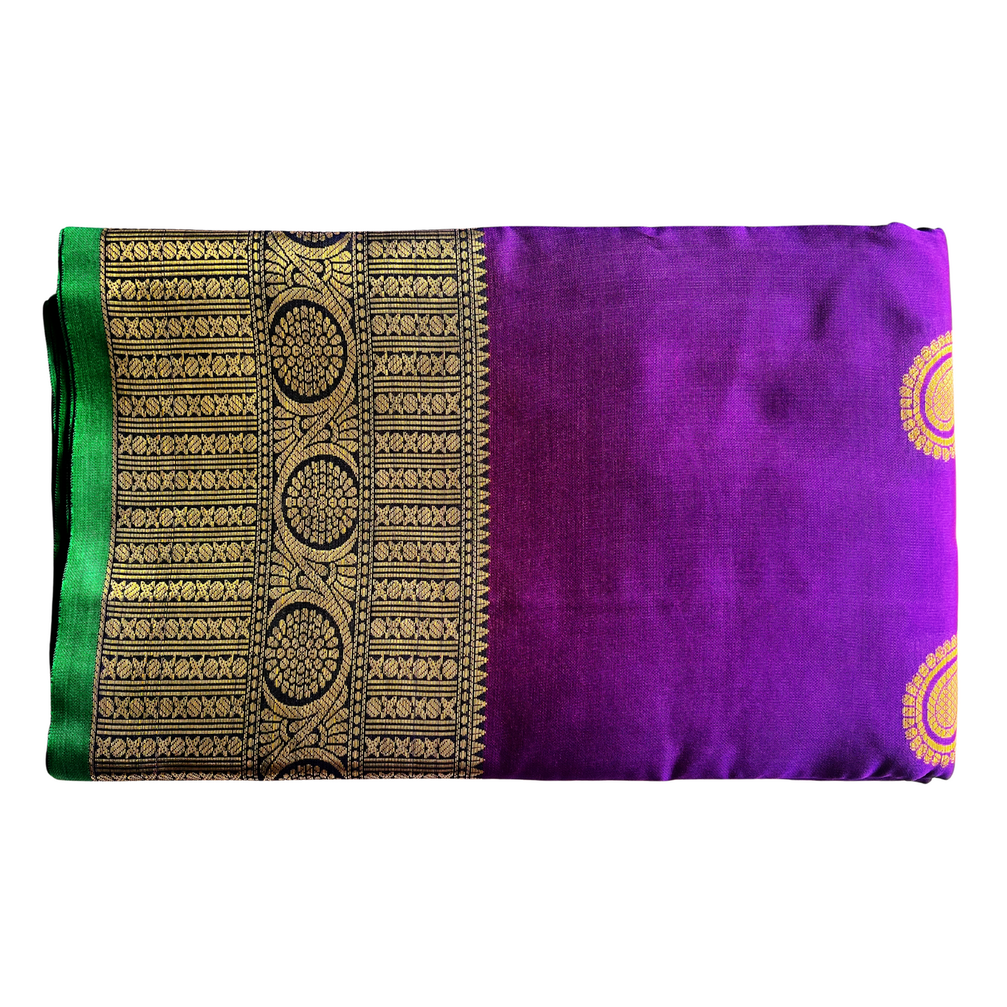 Vivid Violet Soft Silk Saree with Gold Floral Jari & Green Pallu
