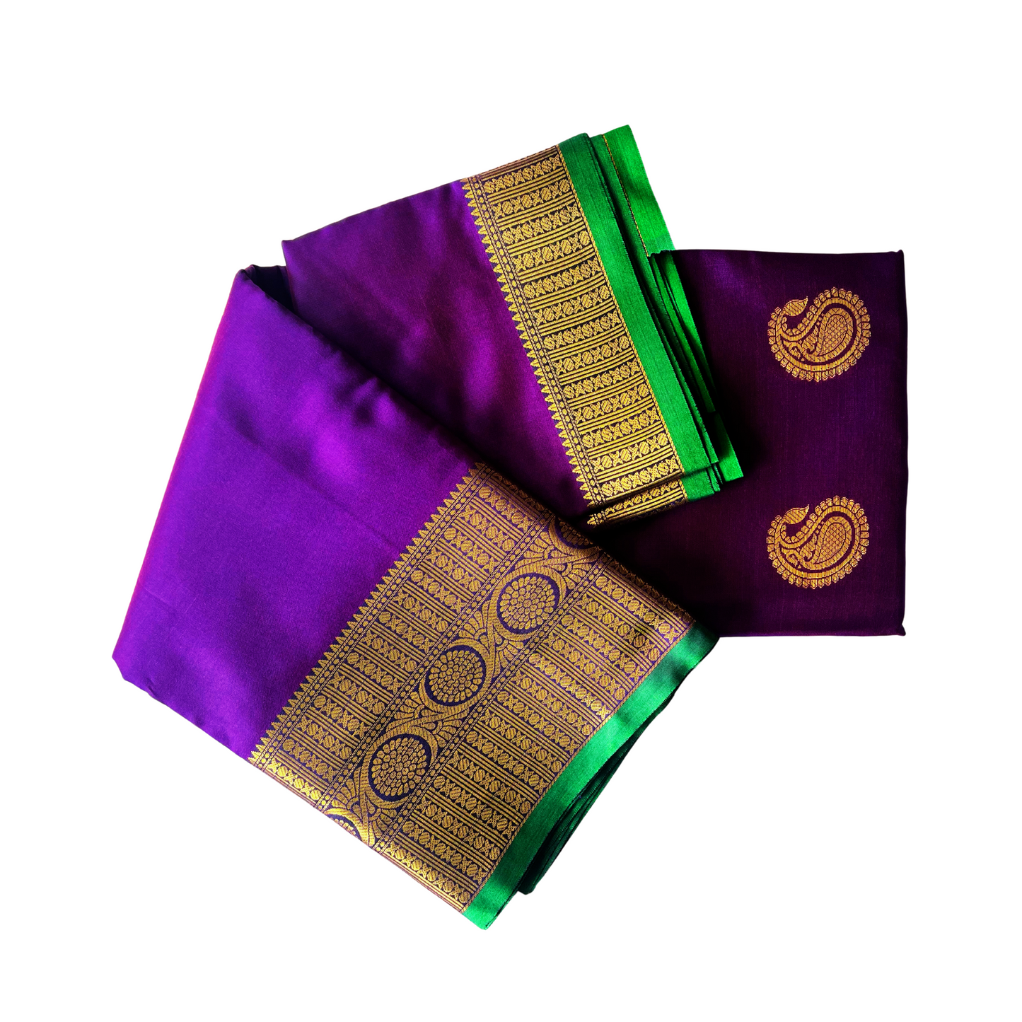 Vivid Violet Soft Silk Saree with Gold Floral Jari & Green Pallu