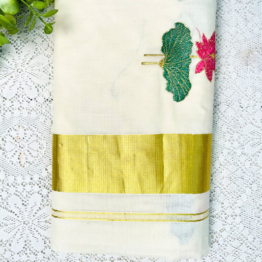 Kerala Saree with Broad Gold Kasavu & Lotus Thread Work | Premium Kasavu Saree