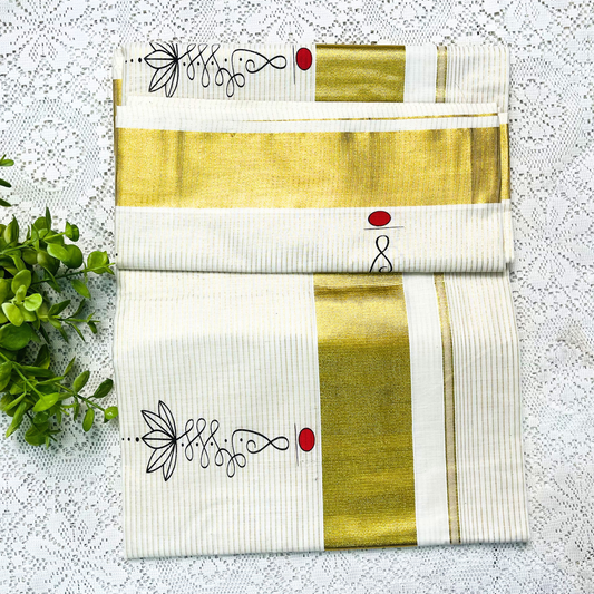 Kerala Saree with Gold Kasavu Border & Lotus Artwork Design