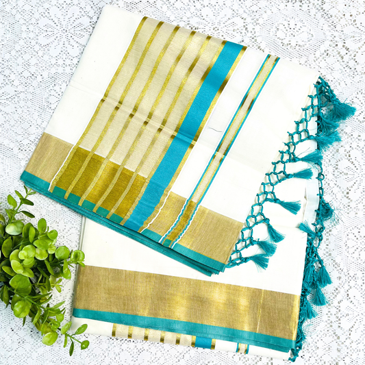 Kerala Saree with Golden Stripes & Turquoise Design | Traditional Kasavu Saree