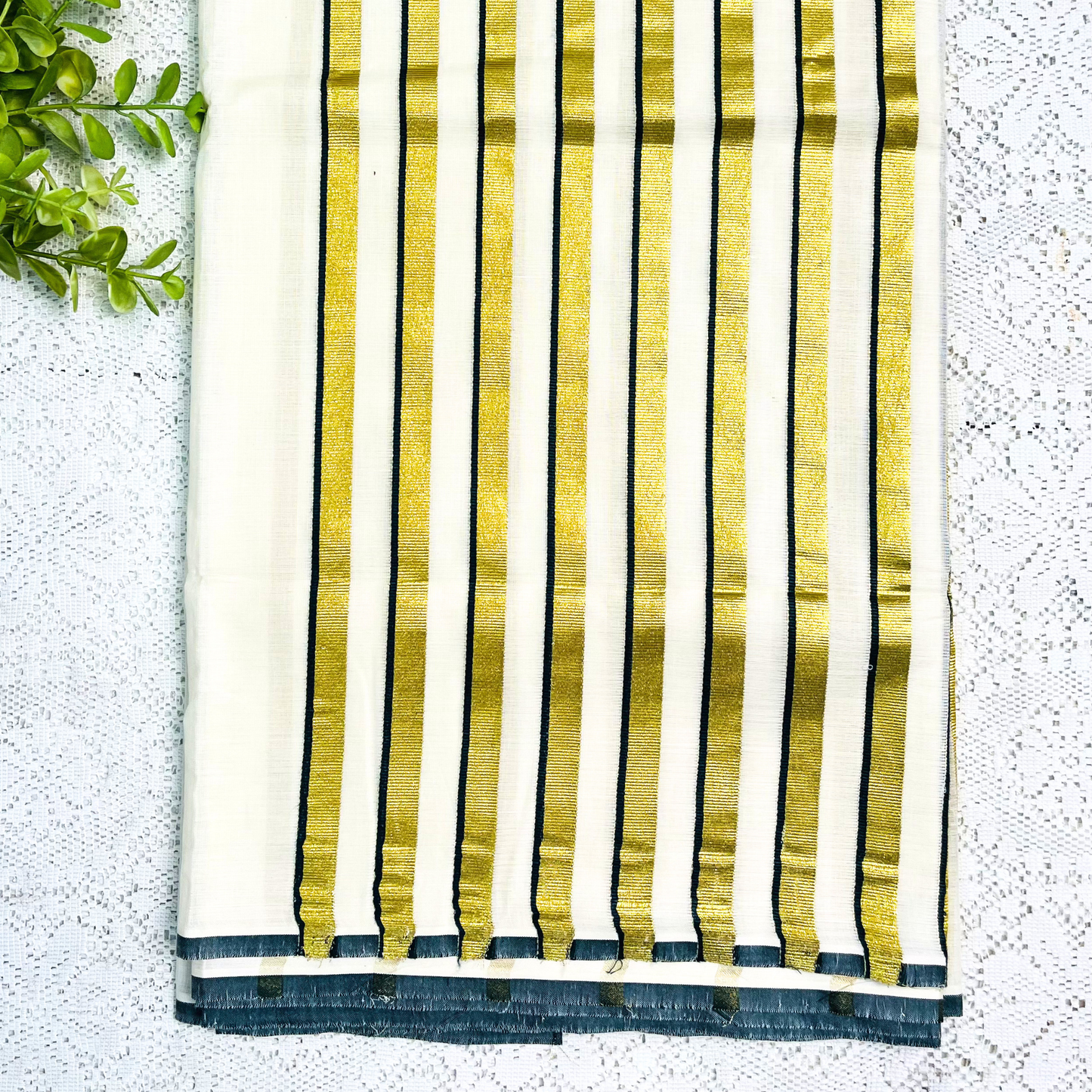 Kerala Saree with Traditional Gold Stripes & Dark Green Border Design
