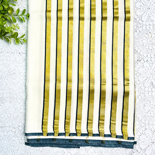Kerala Saree with Traditional Gold Stripes & Dark Green Border Design
