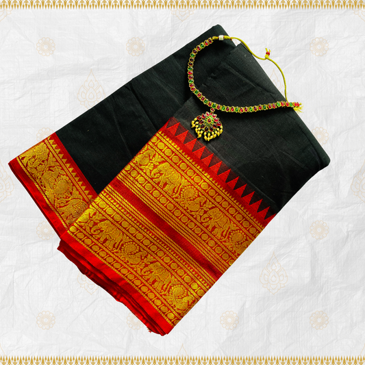 Black Premium Chettinad Kanchi Border Cotton Saree with Blouse