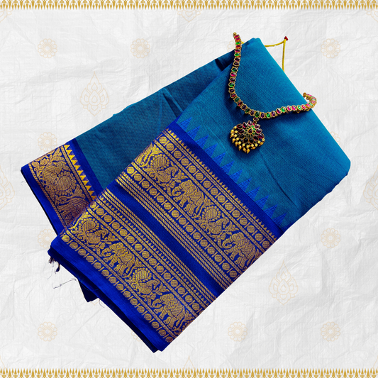 Blue Premium Chettinad Kanchi Border Cotton Saree with Blouse