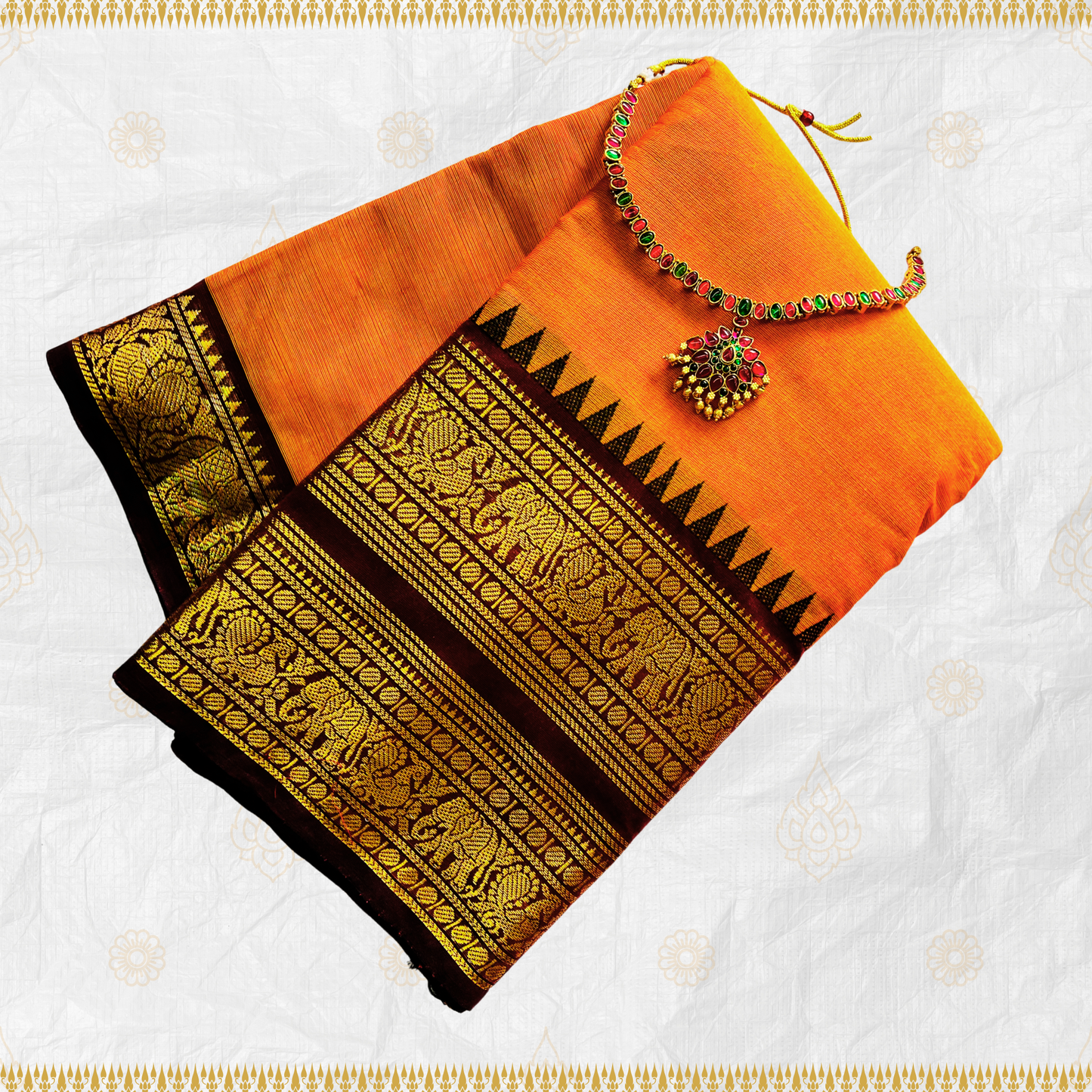 Orange Premium Chettinad Kanchi Border Cotton Saree with Blouse