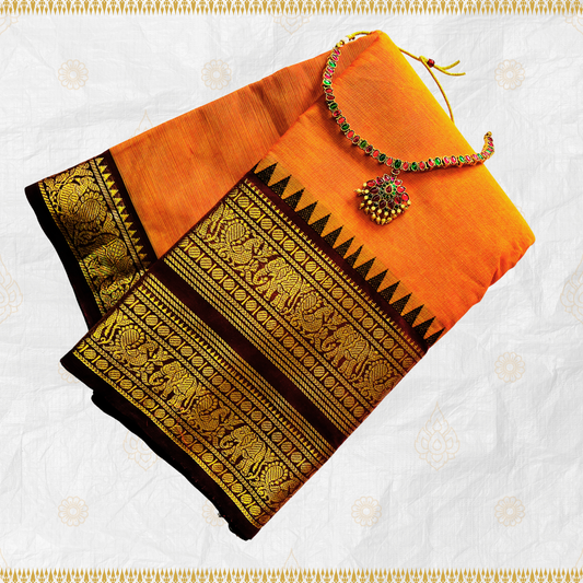Orange Premium Chettinad Kanchi Border Cotton Saree with Blouse